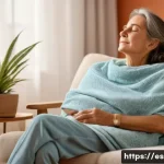 온열 및 한랭치료 - A cozy indoor scene showing a middle-aged Spanish woman relaxing on a sofa in a warmly lit living ro...