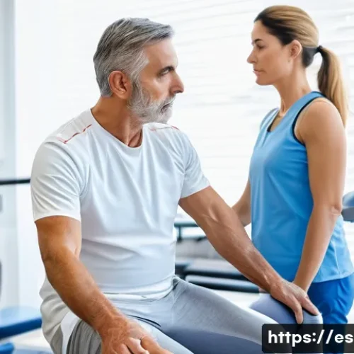 말초신경재활 - A detailed medical rehabilitation scene in a modern clinic in Spain, showing a middle-aged Spanish p...