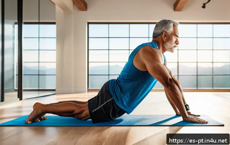 자세불량 교정운동 - A middle-aged Hispanic man performing the &ldquo;superman&rdquo; exercise in a bright, modern home gym setting, ...
